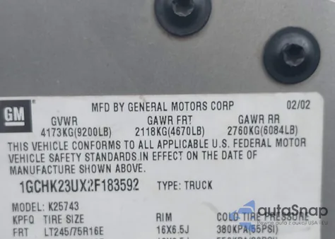 2002 Chevrolet Silverado 2500Hd Ls z USA, uszkodzony, nr VIN 1GCHK23UX2F183592